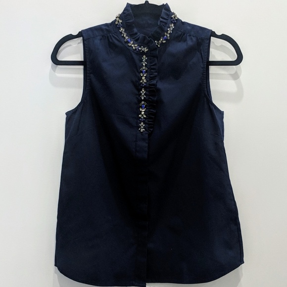 J.Crew Navy Ruffled Rhinestone Top - Picture 2 of 6